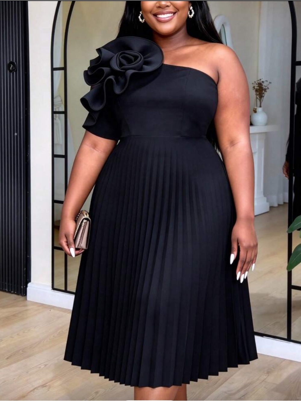 Plus Size Black One Shoulder Oblique Collar Pleated 3d Rose Dress 4X/20